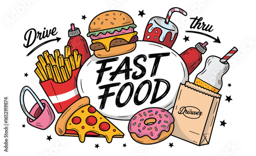 Vibrant Fast Food Collection with Burger Fries Pizza Donut and Drinks hamburger french fries
