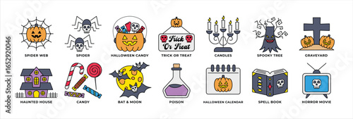 Halloween Icon Set Line Color Style with Spider Web, Candy, Haunted House, Graveyard, and More