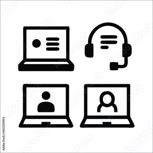 Online Meeting Icons with Laptop and Headset EPS Vector