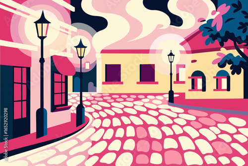 Evening stroll through a charming, stylized European town with cobblestone streets, illuminated by vintage street lamps and buildings, creating a warm, inviting atmosphere
