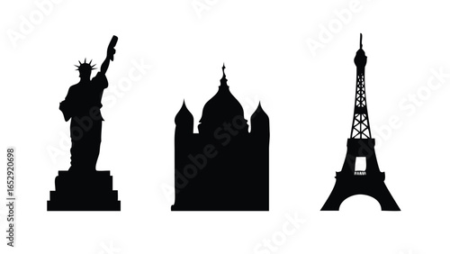 World Famous Landmarks Icons – Statue of Liberty, Taj Mahal and Eiffel Tower EPS