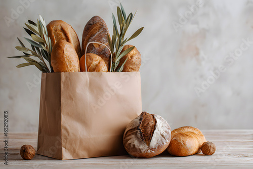Freshly baked artisan bread in paper bag, perfect for food blogs and cafes