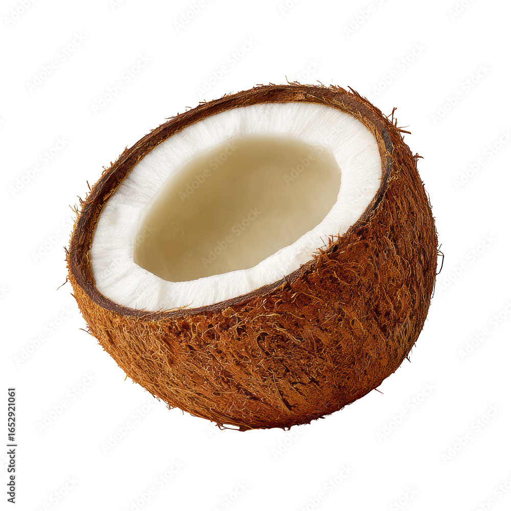 Freshly Cut Coconut Half with Creamy Interior on Dark Background for Tropical Culinary and Beverage Concepts Freshly Cut Coconut Half with Creamy Interior on Dark Background for Tropical Culinary and Beverage Concepts