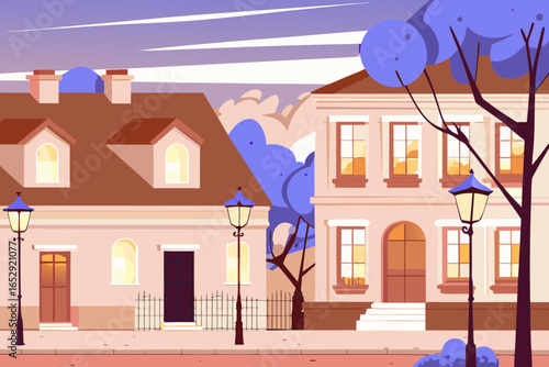 Charming neighborhood street with vintage lamps and quaint houses in a peaceful setting, perfect for illustrating community spirit or urban development projects, originally vector graphics