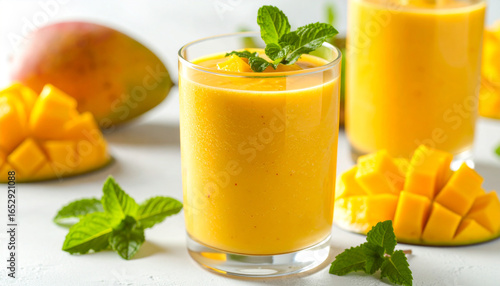 Mango smoothie with fresh mint and mango chunks, perfect for a healthy breakfast.