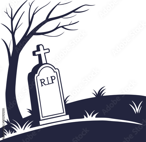 Dark silhouette of a cemetery grave with a crescent moon and headstone