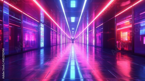 Person in a Futuristic Pink and Blue Neon Lit Corridor