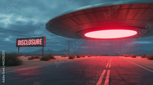 Alien spacecraft descends upon desert highway prompting urgent disclosure of extraterrestrial presence by government agencies