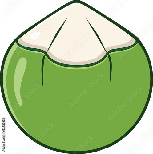 Cartoon illustration of a halved coconut, showing the green outer shell and white interior.