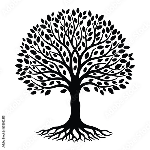 Detailed Tree of Life with Roots and Branches Silhouette on White Background
