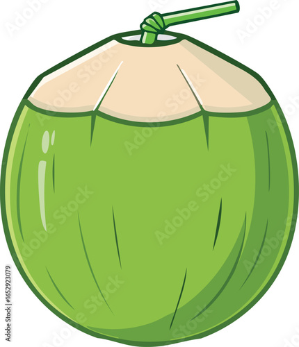 Cartoon illustration of a fresh green coconut with a straw inserted for drinking.