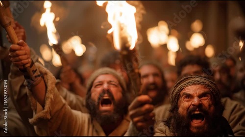 Angry Men Torch Ancient War Crowd Night Protest Fire Scene, Intense Group Holding Torches