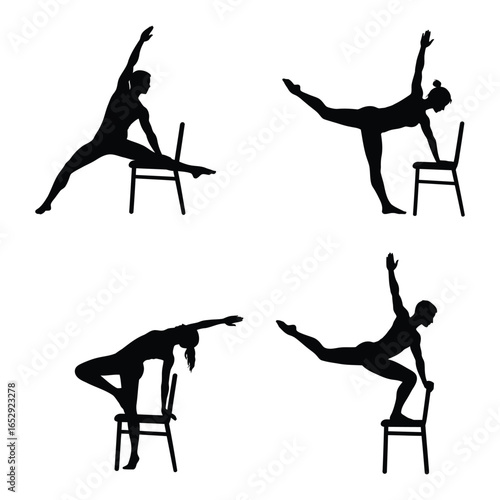 Chair Yoga Poses Collection Woman Practicing Asanas with Furniture Silhouette