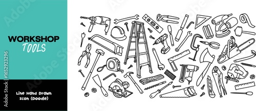 Workshop Tools Line Hand Drawn Doodle, Hand Tools, Hardware Tools, Tools Set, Tool Kit, Repair, Tools and Equipment, Vector Illustration


