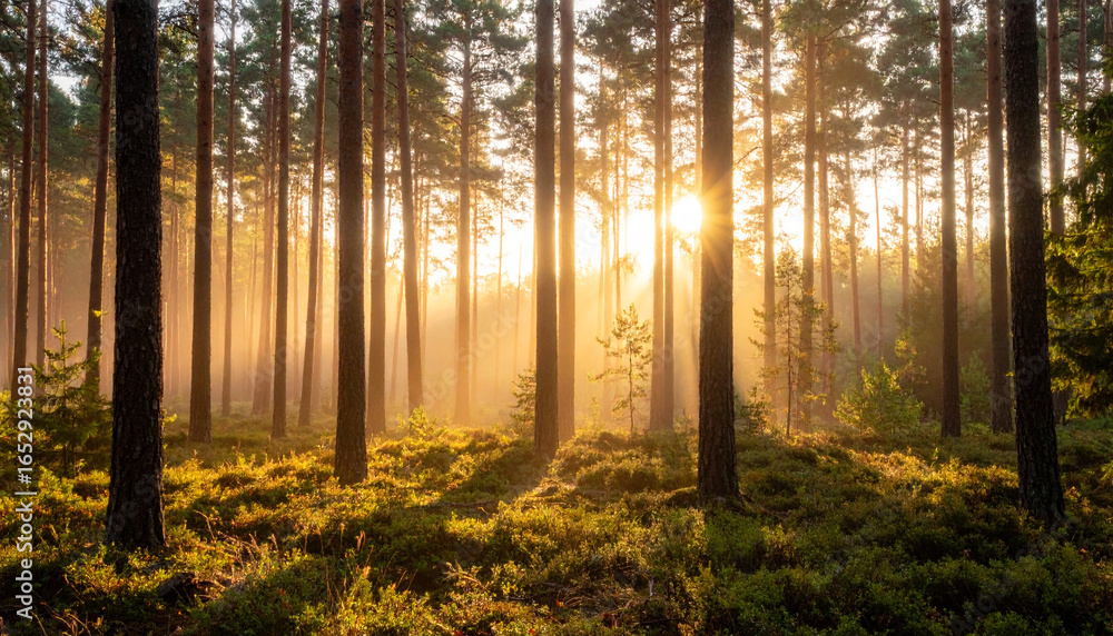 Obraz premium Forest with sun shining through trees