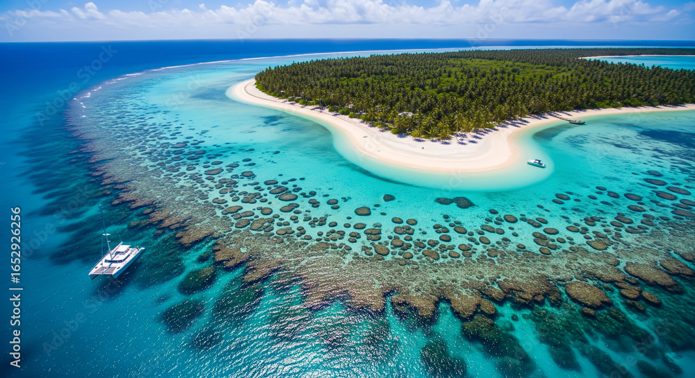 Fototapeta premium Aerial view of a tropical island with a coral reef and a boat