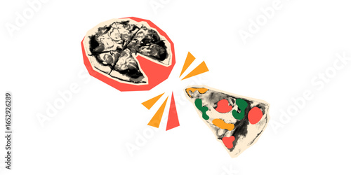 Trendy halftone art collage. Pizza and slice of pizza cut outs with vintage dot texture and doodles. Modern retro grunge vector illustration, mixed media design banner template isolated on transparent