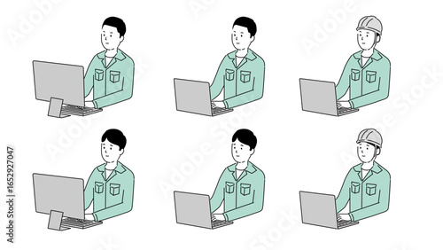 作業服やヘルメットを着用した男性がパソコンで作業する姿のイラストセット、ベクター素材