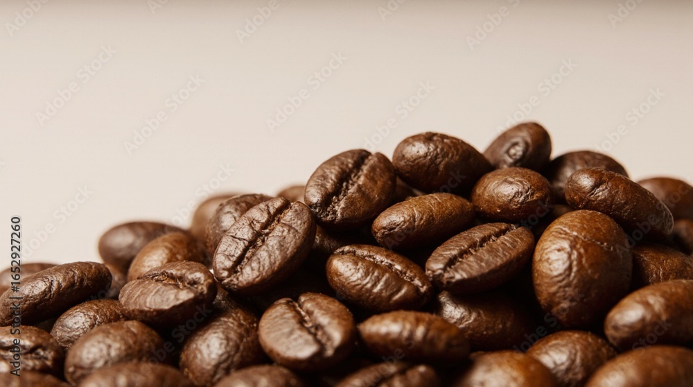 Fototapeta premium Close-up photo of roasted coffee beans with rich textures, natural oil sheen, and deep brown tones. Perfect for coffee packaging, branding, and cafe-related design projects.