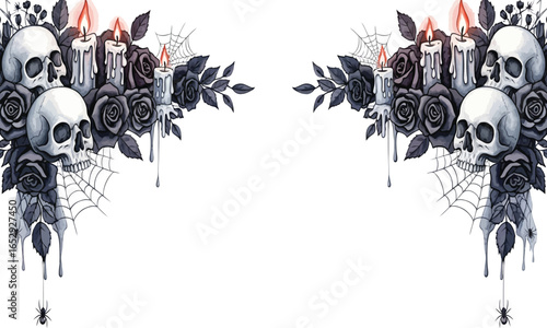 Gothic corner decorations featuring skulls, dark roses, lit candles, and spiderwebs on a white background.