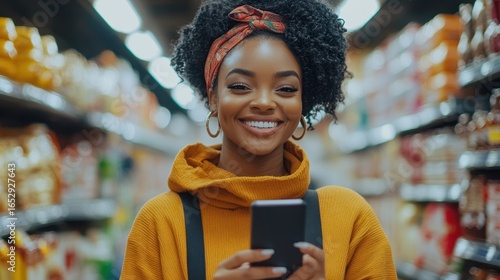 Smiling Young Black Woman Uses Smartphone in Grocery Store