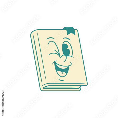 Funky winked book cartoon character green retro mascot vector illustration. Cheerful positive minimalist smiling textbook literature library reading education comic learning study emoticon