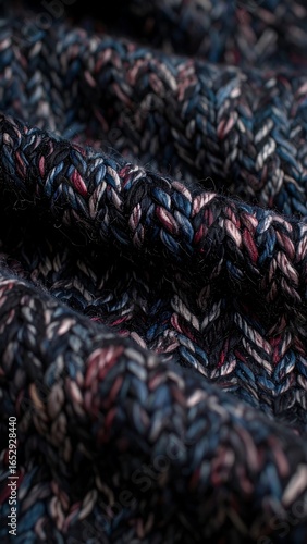 Detailed close-up of a textured, dark-colored fabric with a herringbone pattern