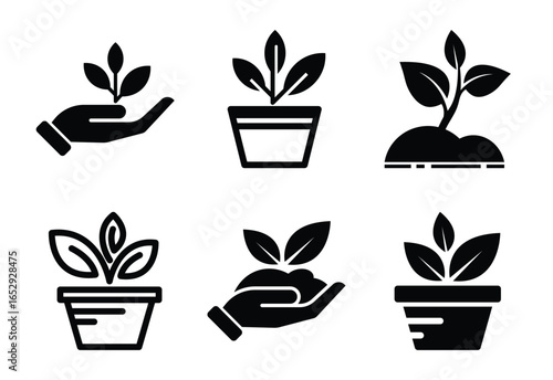 Growth and Nurturing Plants Black and White Icon Set Depicting Hands and Pots