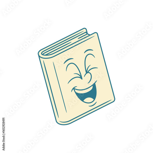Comic funky book cartoon character laughing retro vector illustration. Adorable overjoyed minimalist textbook literature library education mascot having fun with positive emotion