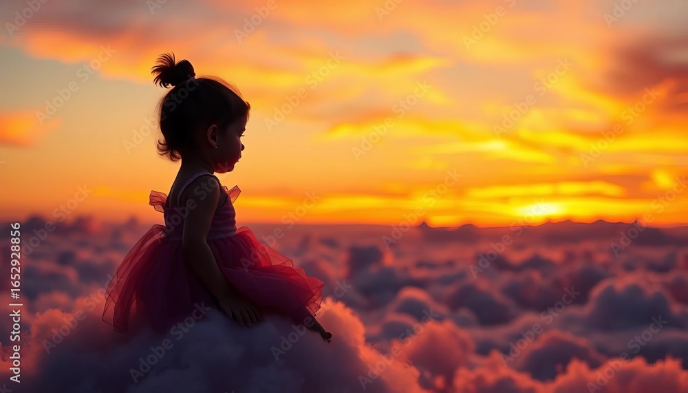 Fototapeta premium Silhouette of a child in a frilly dress seated on clouds against a vibrant sunset, dusk, magical