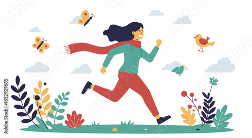 Vector illustration, woman jogging outdoors, smiling, scarf flowing, butterfly and bird around, bright cartoon flat style, cheerful healthy lifestyle.