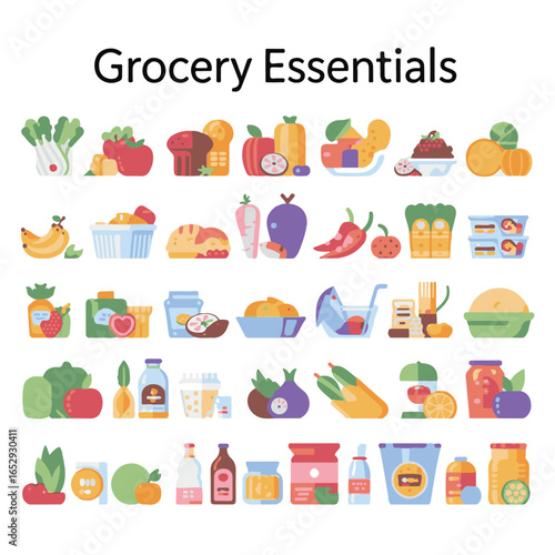 Large collection of grocery and food line icons including supermarket items, drinks, packaged goods, vegetables, fruits, bakery, meat, seafood, dairy, condiments, snacks, and kitchen essentials. Perfe