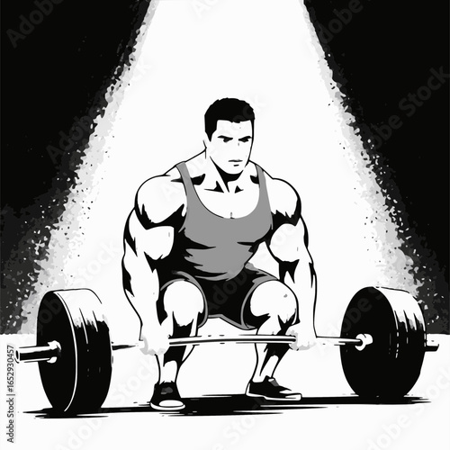 Weightlifter in the Gym: A muscular weightlifter prepares to lift a heavy barbell in a stark, high-contrast gym illustration.