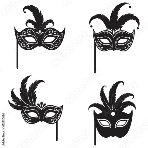 Set of Four Carnival Masks with Feathers Silhouette