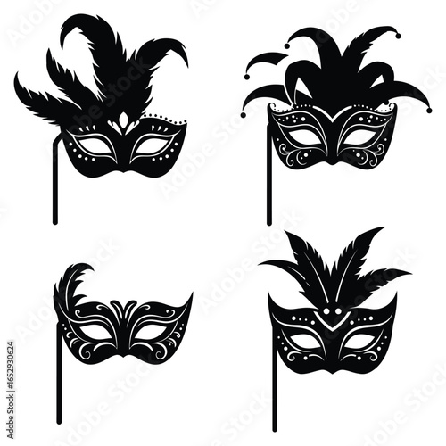Set of Carnival Masks with Feathers Masquerade Party Decorations silhouette