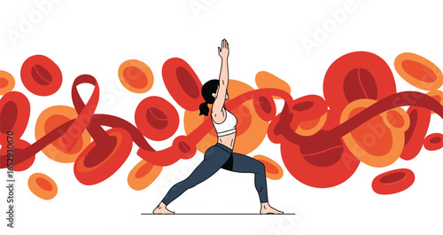 Vector illustration of woman performing yoga pose with red blood cells and awareness ribbon