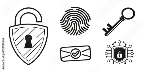 Security and privacy icon set. Vector glyph pictograms of lock, key, fingerprint, shield, passcode, protection, access control, cybersecurity black silhouette illustration.