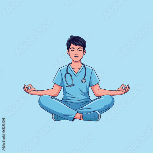 Professional vector illustration of doctor meditating with glowing blood drop symbol for national yoga month awareness