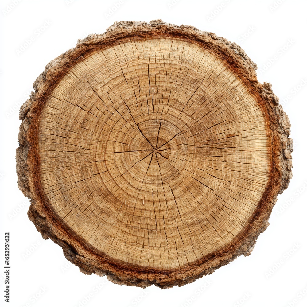 Obraz premium Close-up view of a tree log with concentric circles revealing its age and texture. The rough surface and natural wood grain adds a rustic and organic feel.