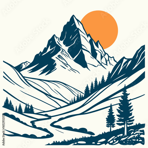 Snowy Mountain Peak with Sun
