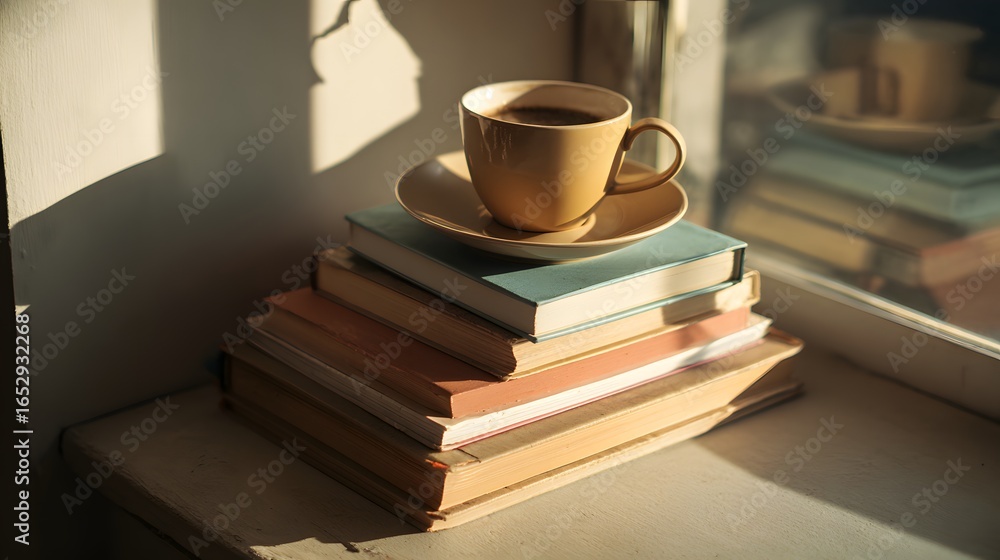 Fototapeta premium A warm cup of coffee sits atop a stack of books by a sunny window, casting soft shadows.