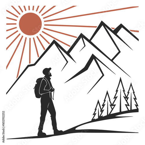 Hiker in the Mountains with Sun