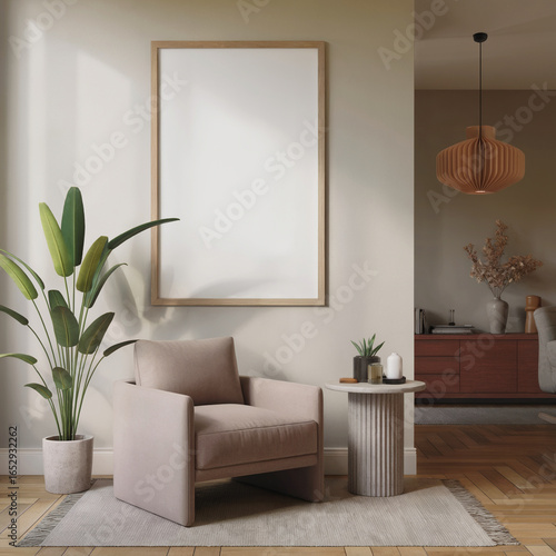 Wallpaper Mural Modern minimalist living room interior: beige armchair, large blank frame, and natural light. Torontodigital.ca