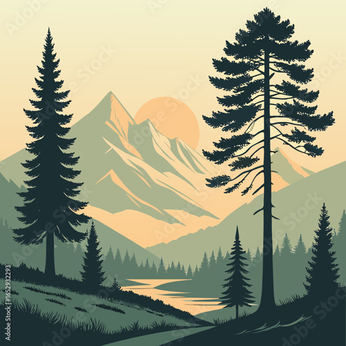 Serene Mountain Landscape with Pine Trees and River