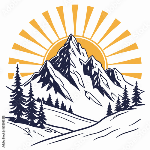 Mountain Landscape Icon with Sunburst Design