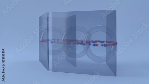 Abstract 3D Rendering of Transparent Geometric Structures with Colorful Spheres against Blue Backdrop