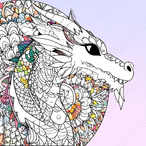 Detailed dragon head outline with intricate floral patterns