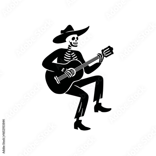 Minimalist Vector Illustration of Skeleton Playing Guitar Wearing Cowboy Hat on White Background, Flat Bold Lines for Logo or T-Shirt Design