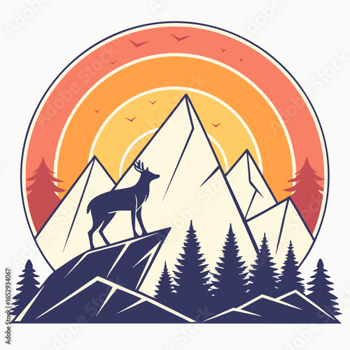 Majestic Deer Mountain Landscape Emblem