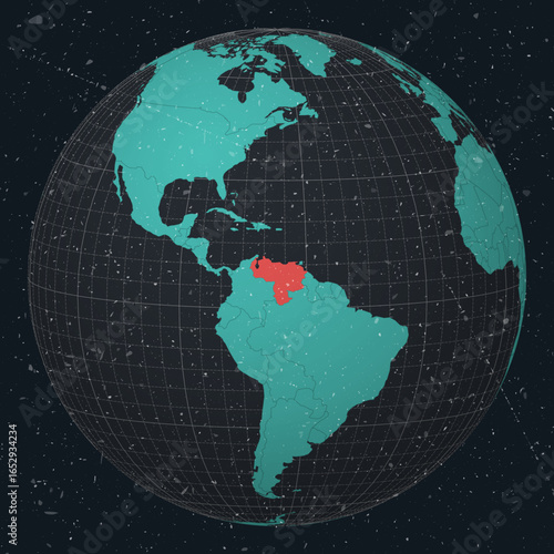 Venezuela on Globe. Vintage look with grunge scratched texture. Country view on world map in Dark Charcoal Turquoise color palette. Venezuela shape on map. Globe with meridians and parallels.